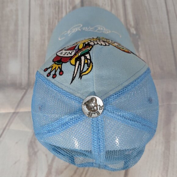 Ed Hardy Vintage Tattoo Wear Light Blue Skull Wing New York City Trucker Cap - Picture 6 of 10